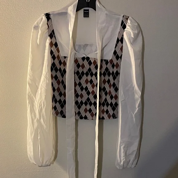 SHEIN White Puff Sleeve Blouse with Argyle Crop Overlay - Brown, Black, White - Picture 2 of 7